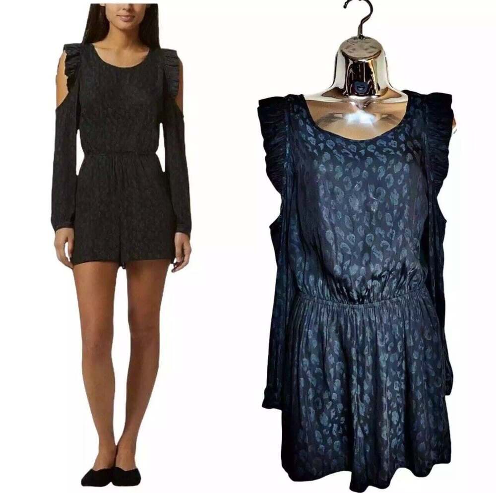 AVEC LES FILLES Romper Animal Print Black Teal Cold Shoulder Ruffle Size XL $98